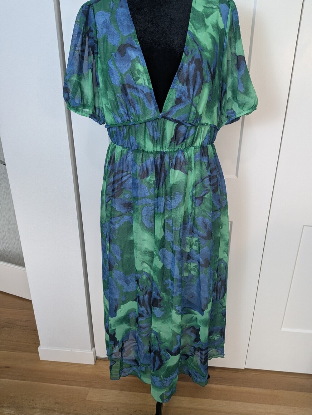 Women Summer Flowy Floral Dress Casual Puff Short Sleeve V Neck Long Dress Sz XL